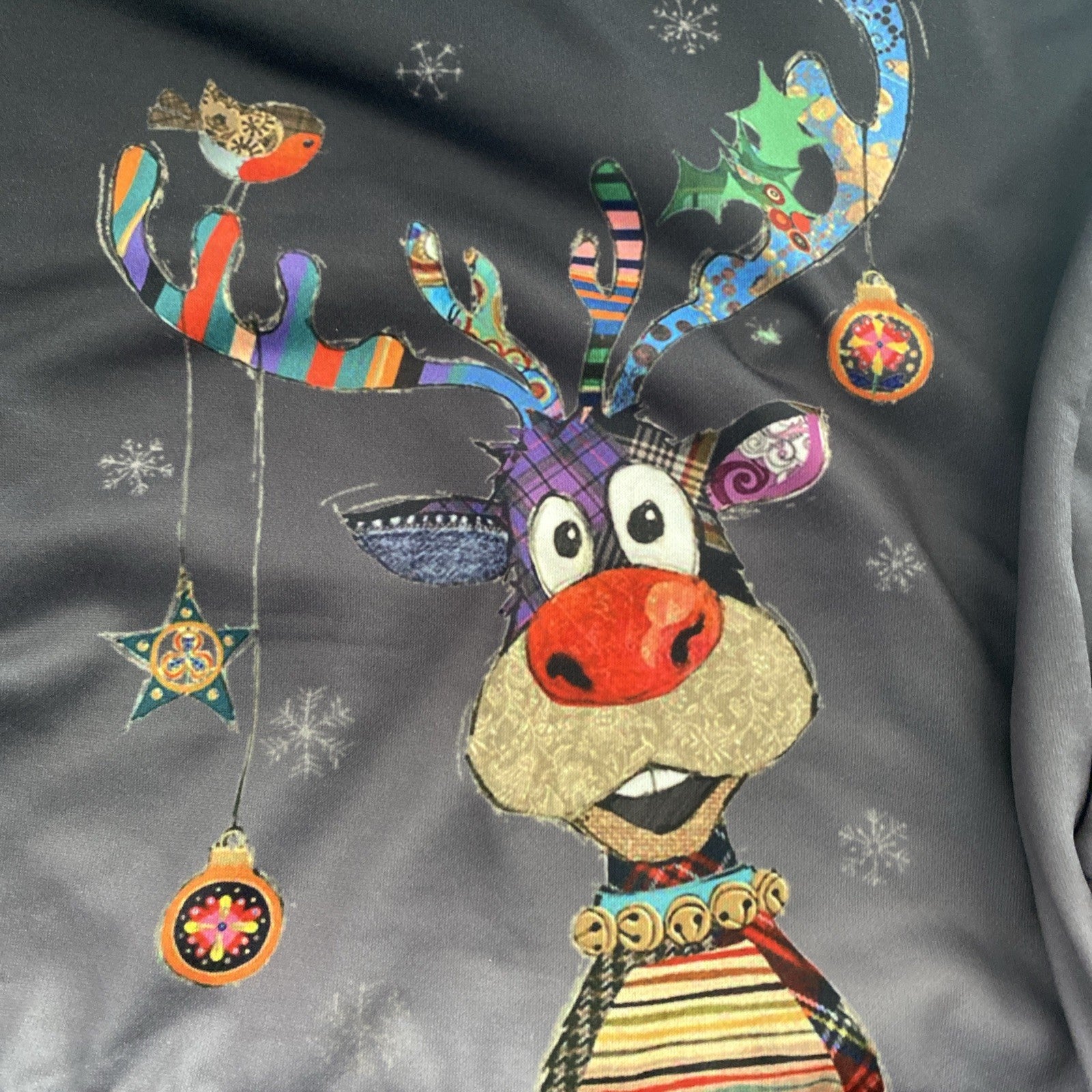 Merry Christmas Long Sleeve Stretch Top Reindeer w/Multi-Color Antlers -Size Med