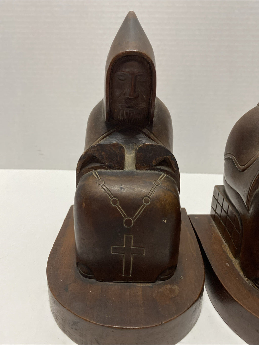Vintage Hand Carved Wooden Monk Bookends Mid century dark wood christian hermit
