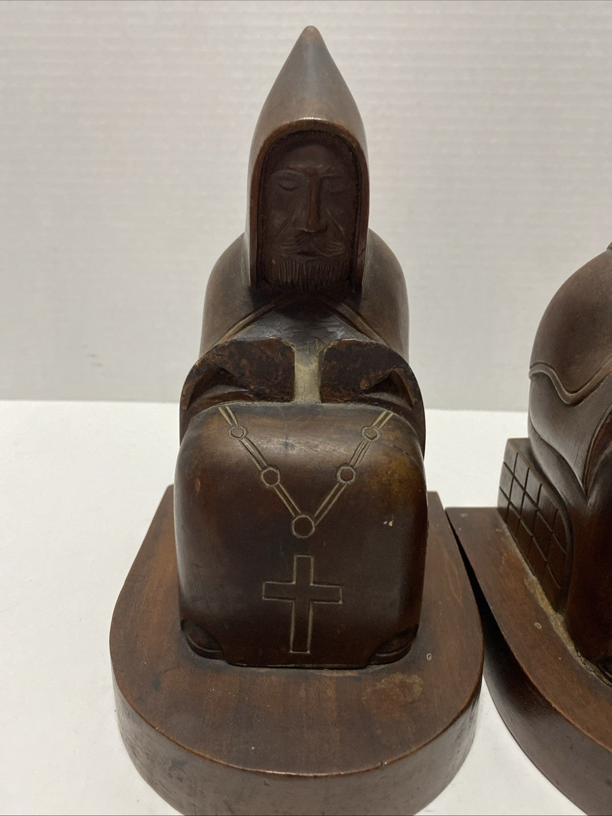 Vintage Hand Carved Wooden Monk Bookends Mid century dark wood christian hermit