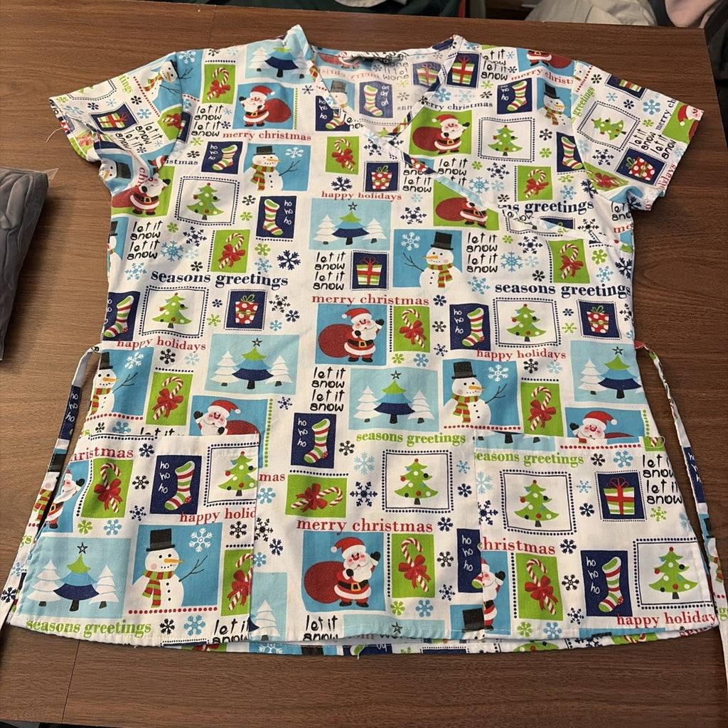 Cassandra O Women’s Size Medium Scrub Top Season Greetings Christmas Pattern