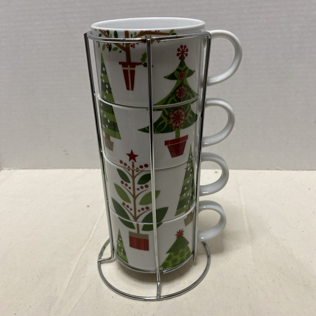 Pier 1 Imports Stacking Christmas Tree Mugs Set of 4 Metal Rack