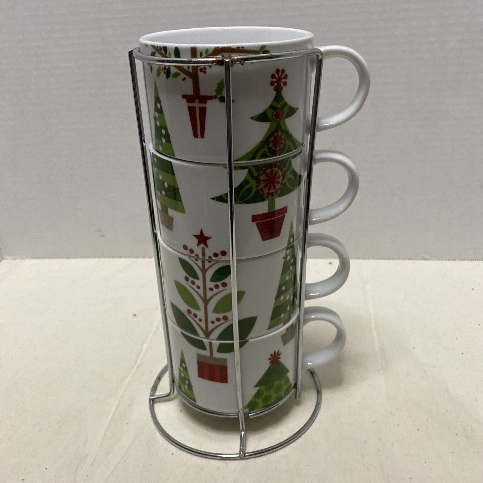 Pier 1 Imports Stacking Christmas Tree Mugs Set of 4 Metal Rack