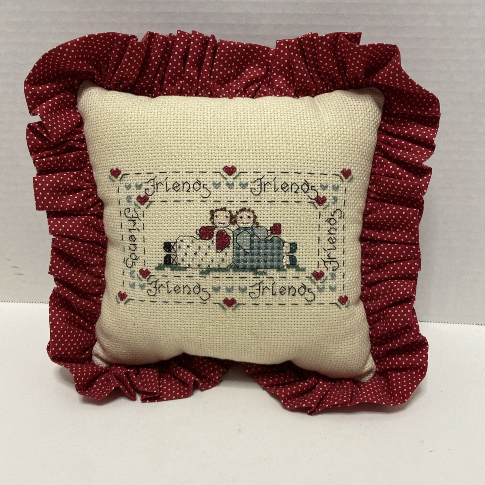 CROSS STITCH FINISHED PILLOW OLD FASHION FRIENDS HANDMADE