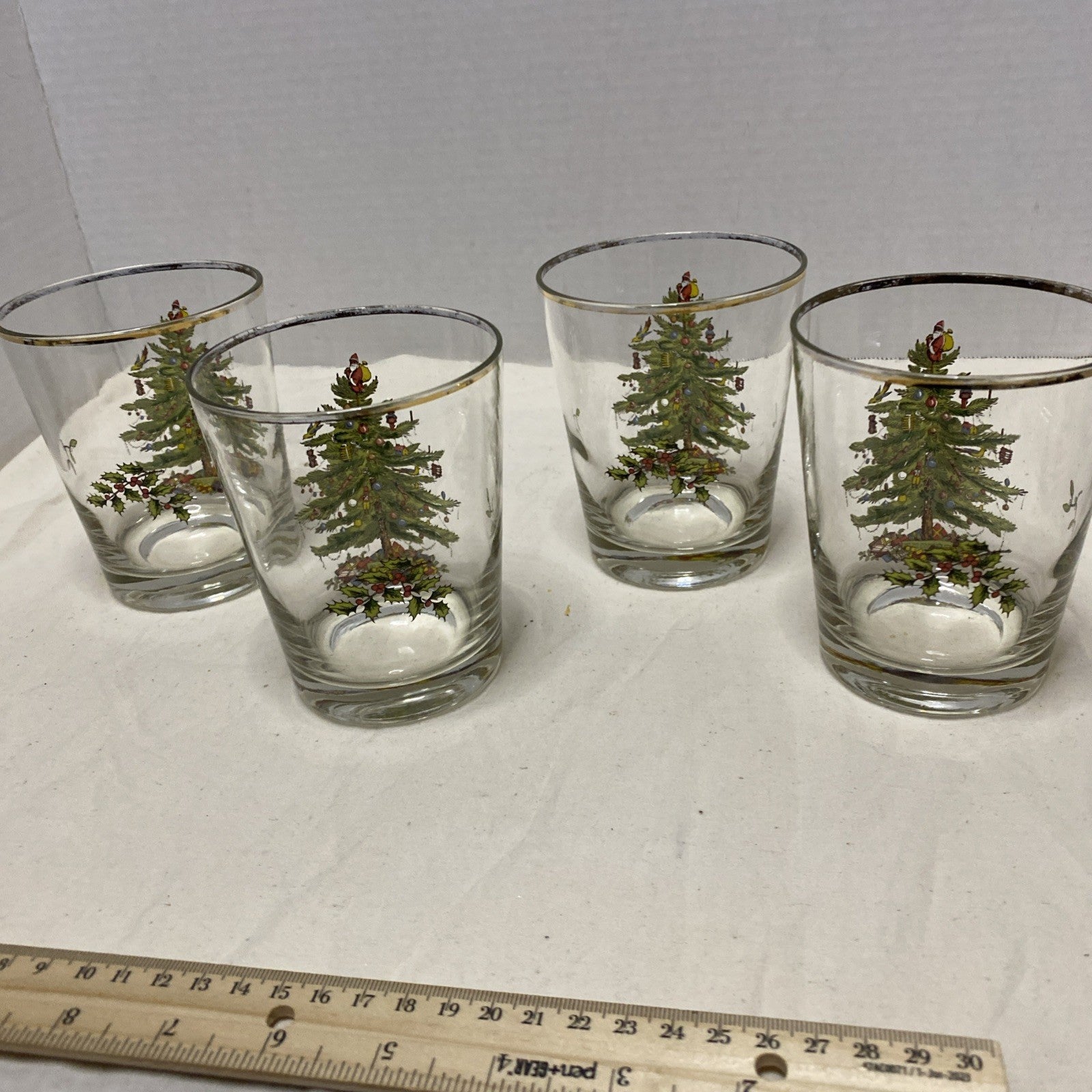 Spode Christmas Tree Double Old Fashioned Rocks Glass Gold Trim Lot of 4