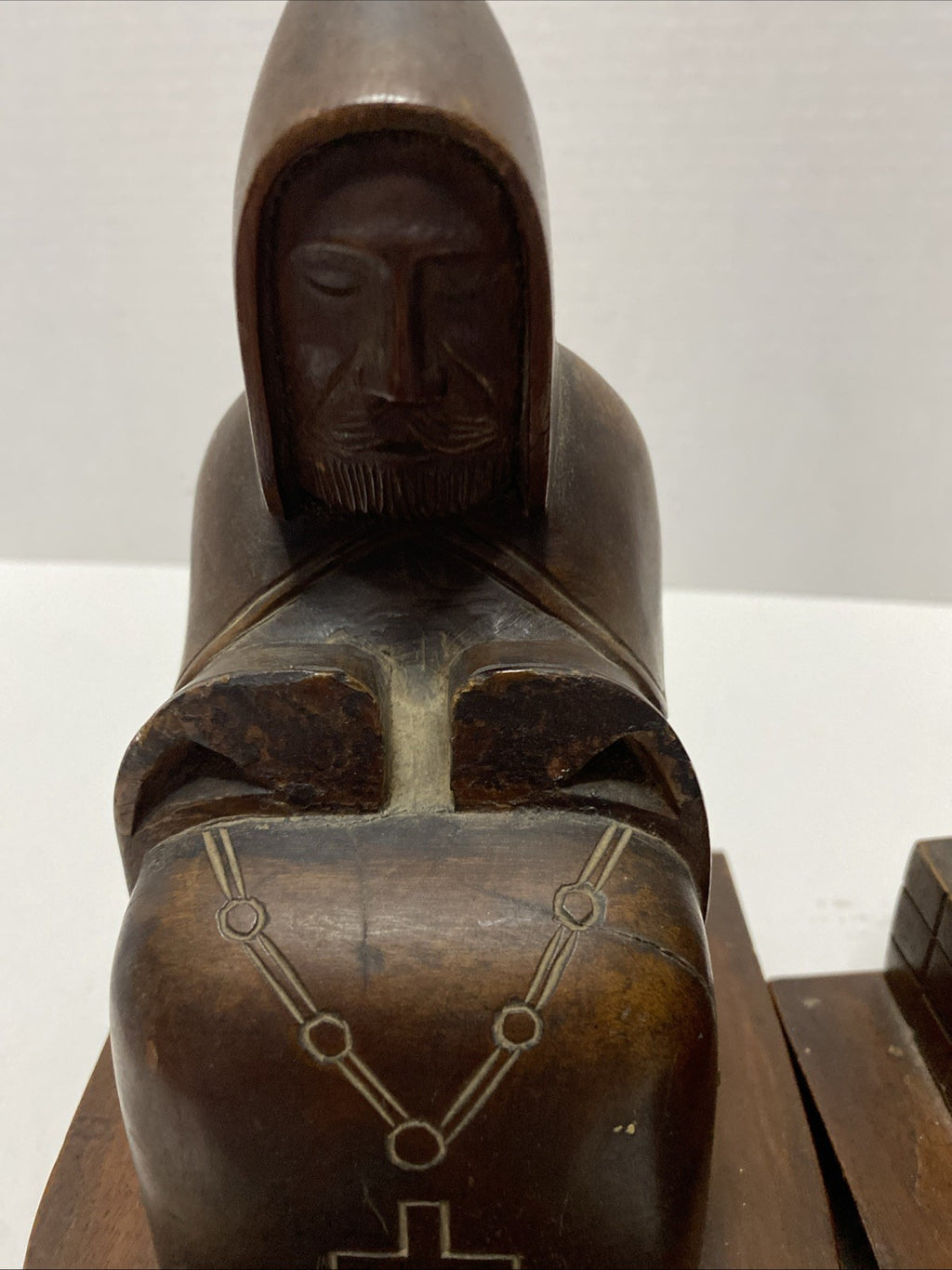 Vintage Hand Carved Wooden Monk Bookends Mid century dark wood christian hermit
