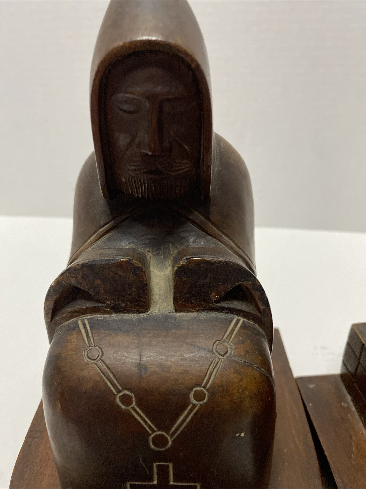 Vintage Hand Carved Wooden Monk Bookends Mid century dark wood christian hermit