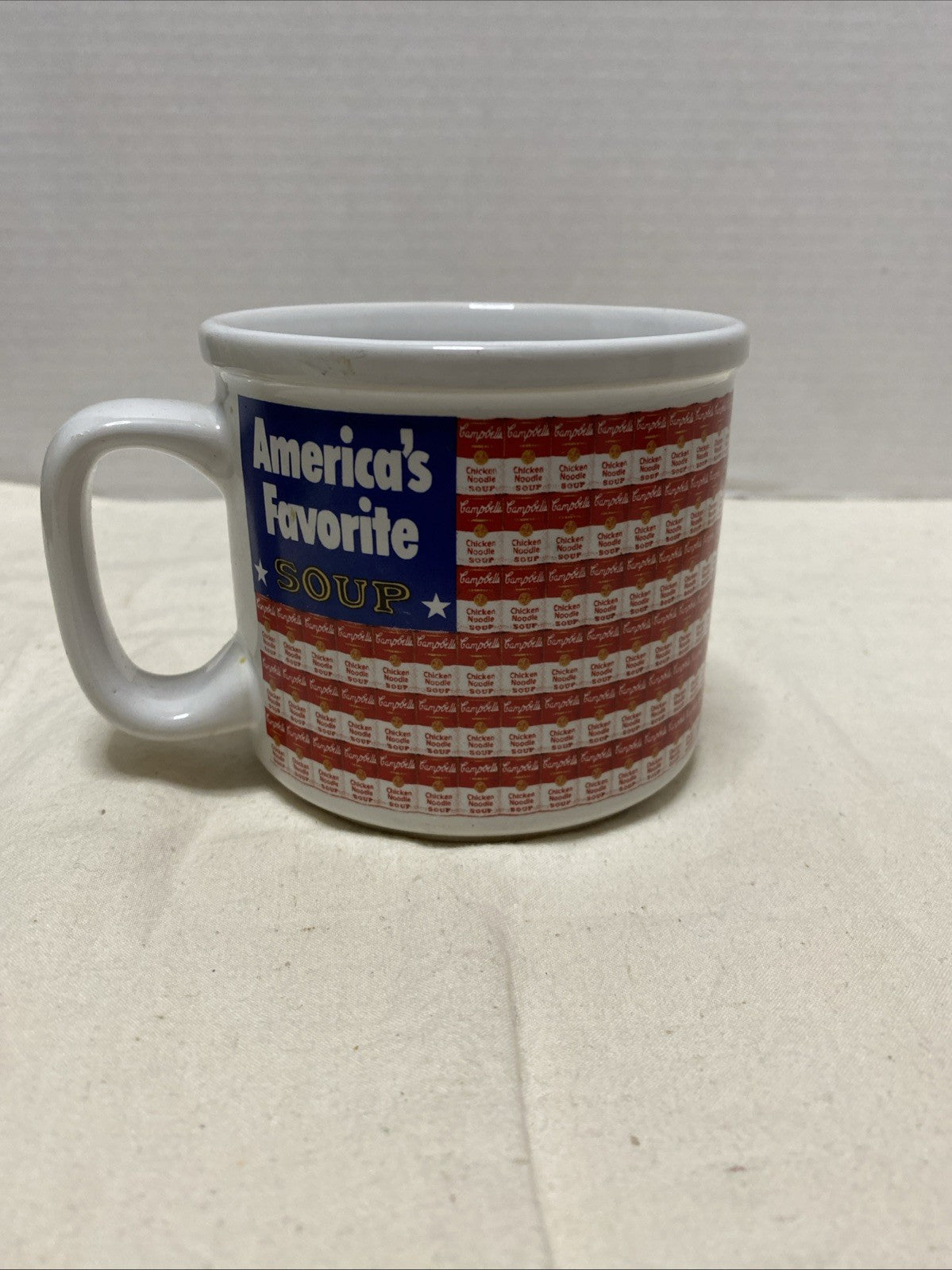 Campbell's Soup Mug Cup 1998 Flag AMERICAS FAVORITE SOUP Red White Blue VTG pop
