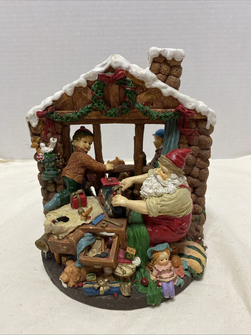VTG 2-SIDED SANTA’S WORKSHOP CHRISTMAS FIGURE  7”H LOTS OF TOYS & SANTA AT WORK!