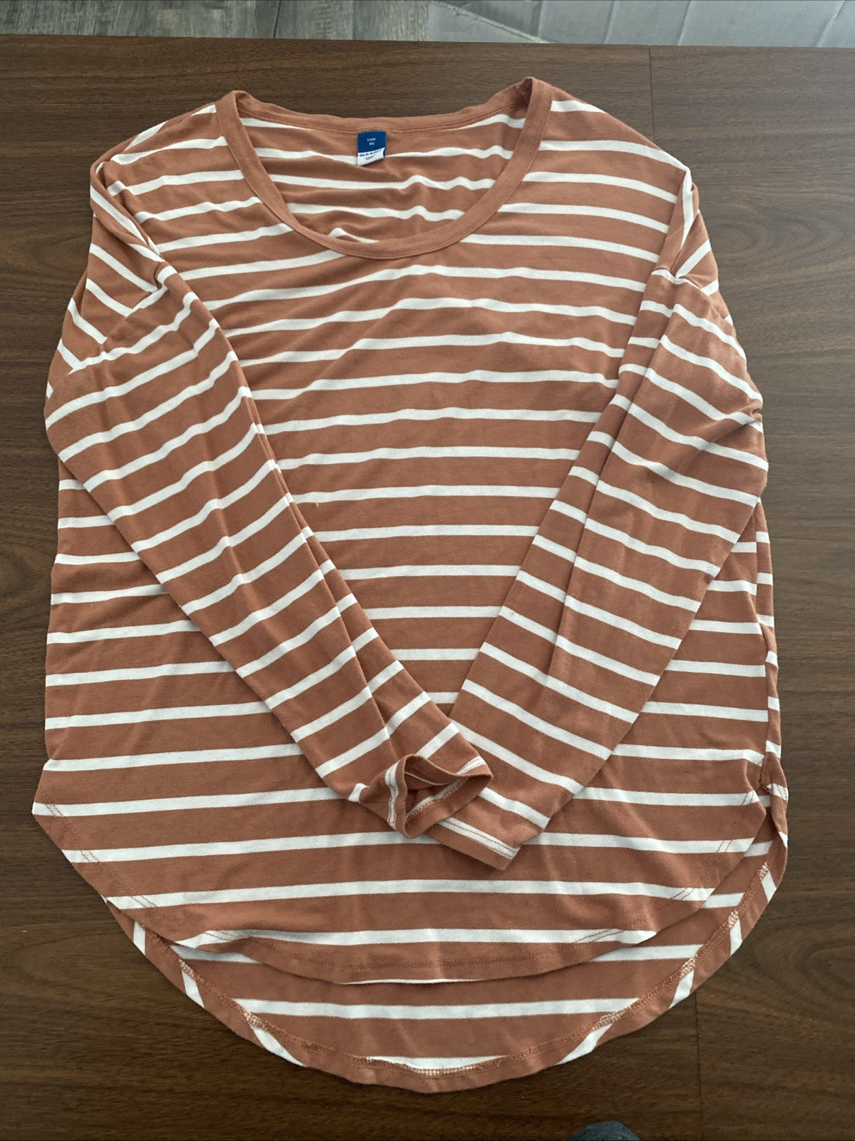 Old Navy women’s extra small long sleeve cotton tan and white striped shirt