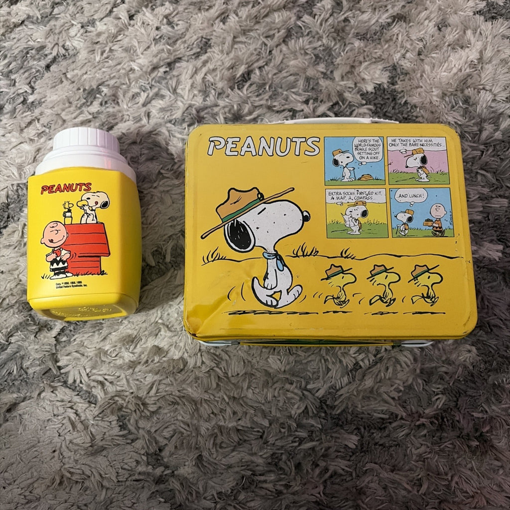 Vintage Peanuts Charlie Brown and Snoopy Metal Yellow Lunchbox & Thermos
