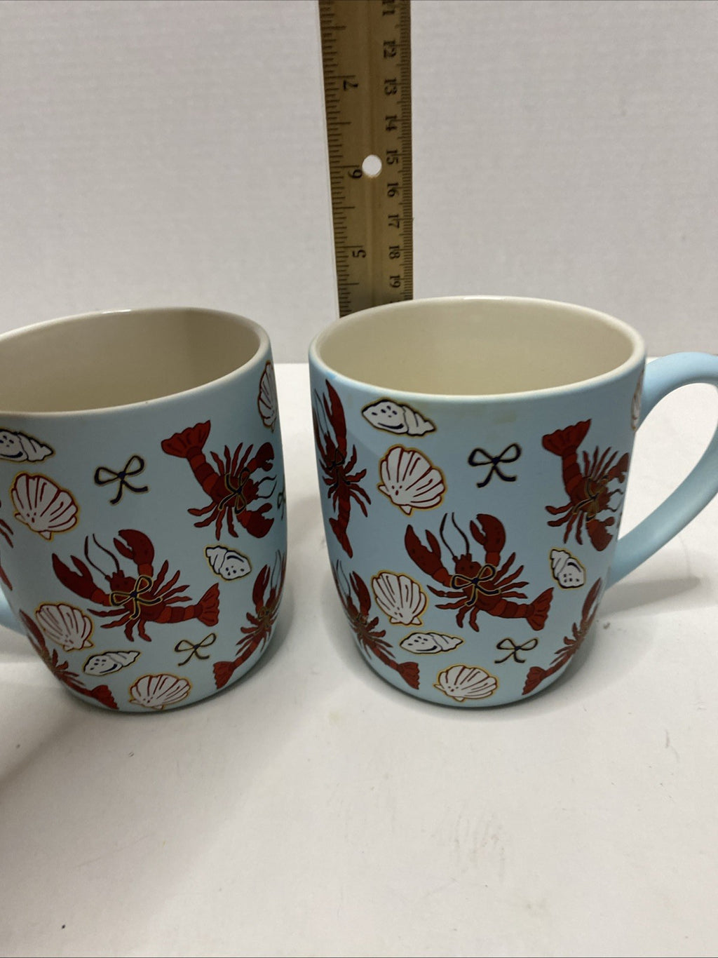 Sheffield Home Red Lobsters Seashells & Bows Soft Touch Blue Coffee Tea Mug Set2