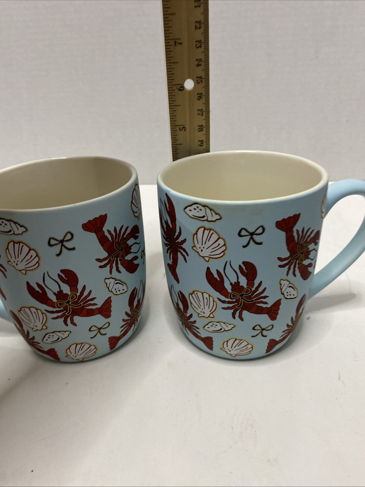 Sheffield Home Red Lobsters Seashells & Bows Soft Touch Blue Coffee Tea Mug Set2