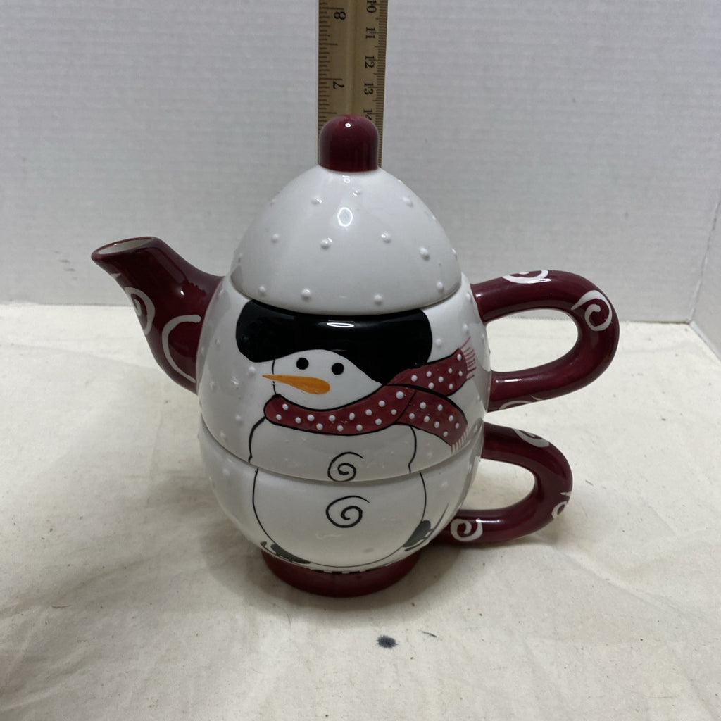 Bella Casa By Ganz Snowman Tea For One Teapot & Cup Stacked 3 Piece Set