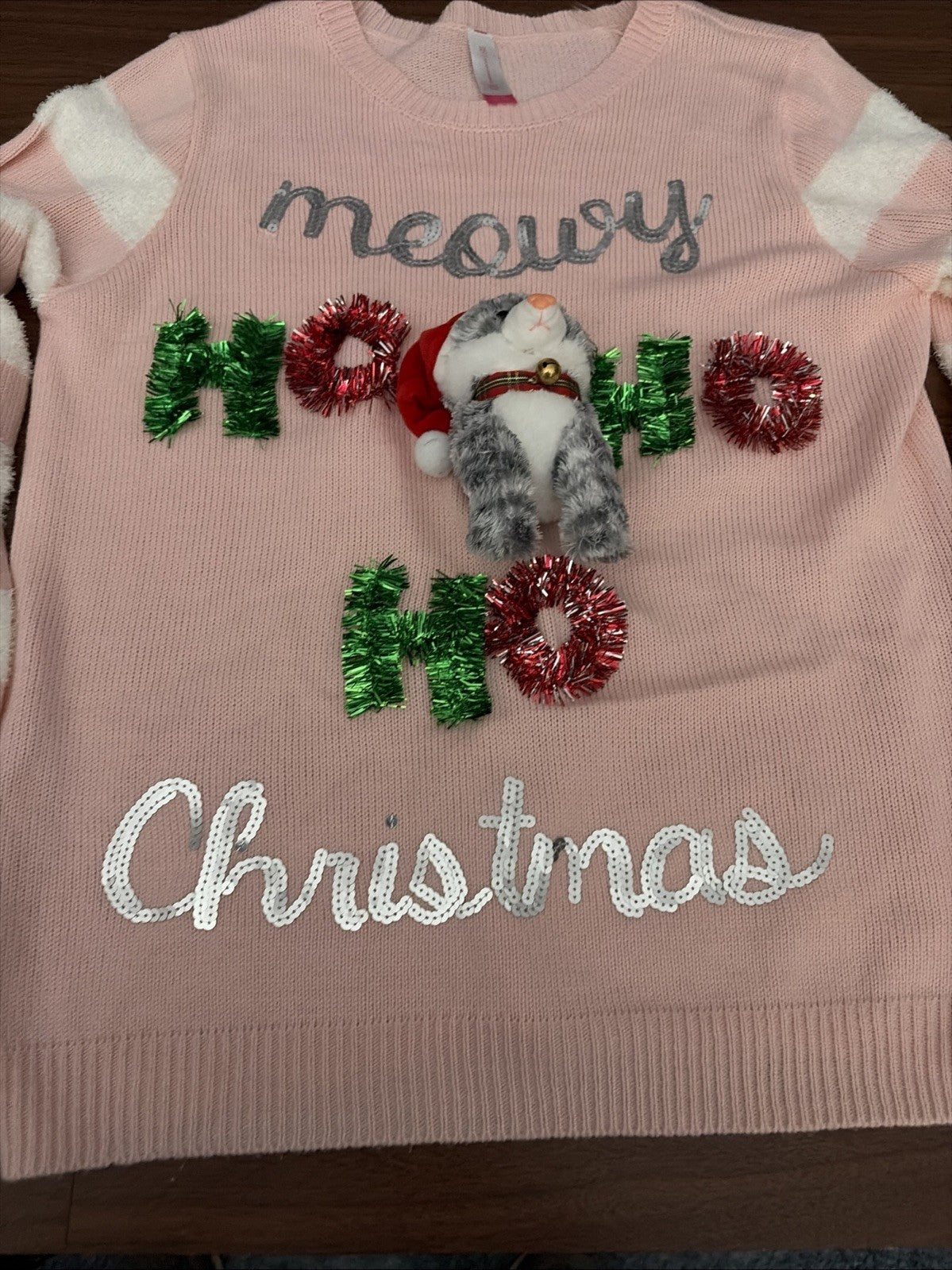 NOBO Ugly Christmas Sweater Pink Plush Cat Ho Ho Ho XL (15-17) NWT Meowy Christm
