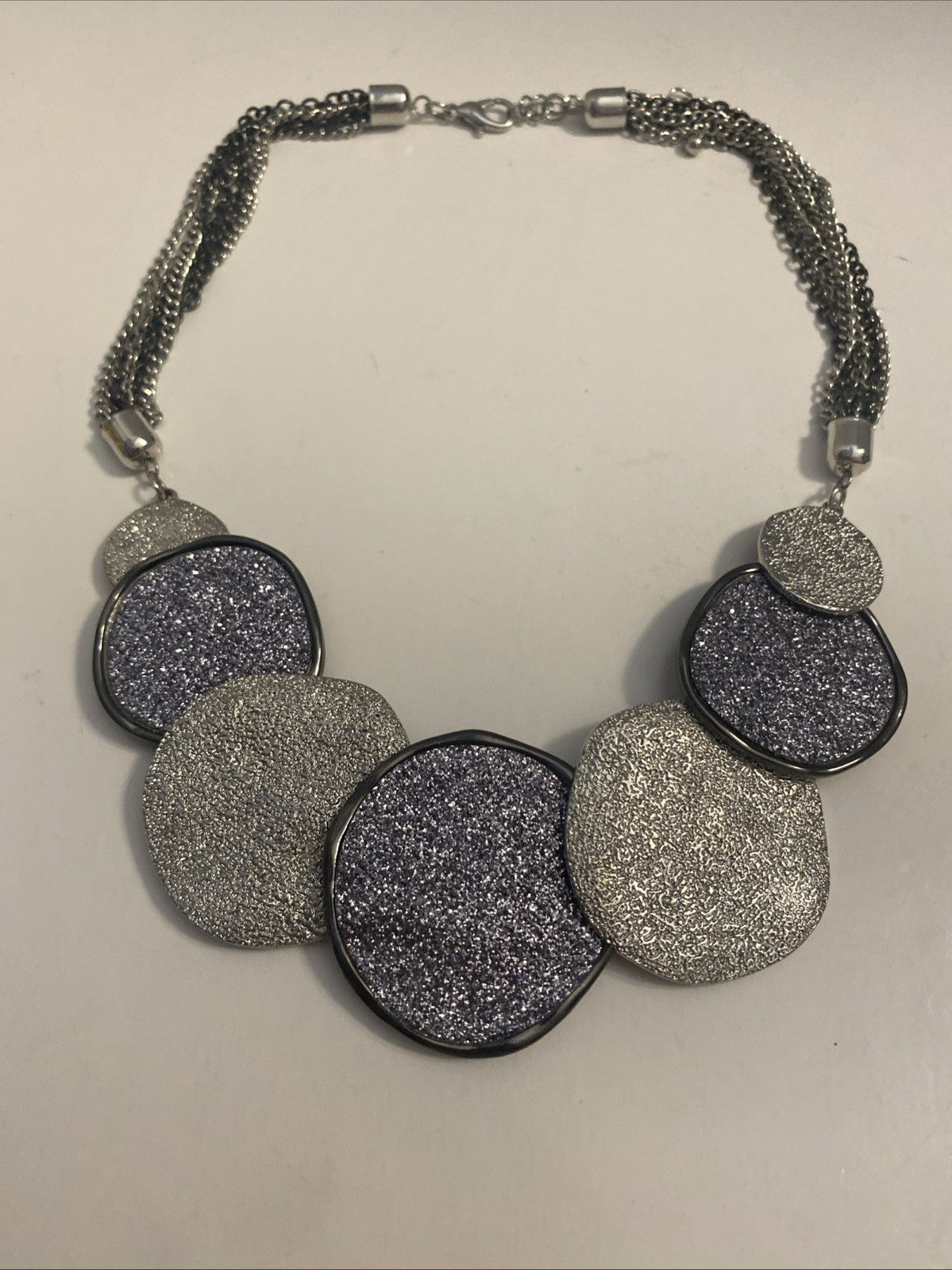 Shimmer Statement Collar Necklace with Silver Tone Disk Pedants