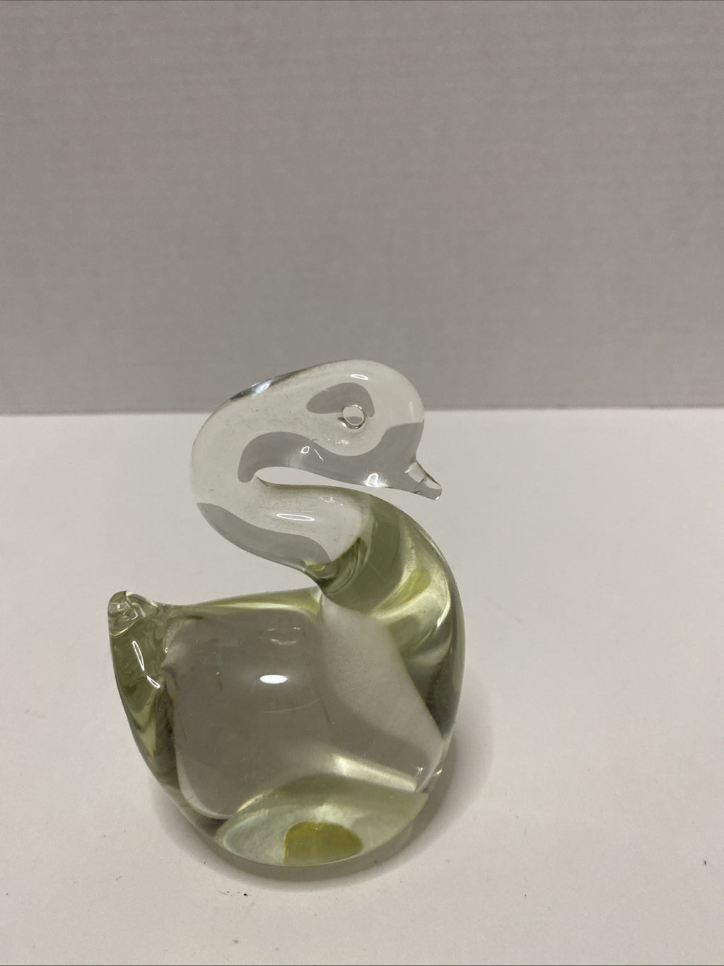 Vintage Clear With Yellowing Glass Paperweight Swan 4”