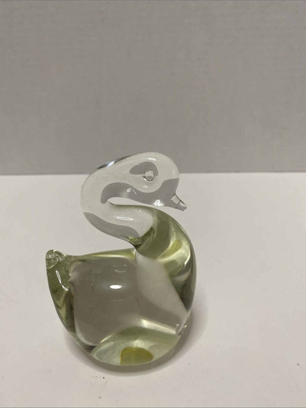 Vintage Clear With Yellowing Glass Paperweight Swan 4”