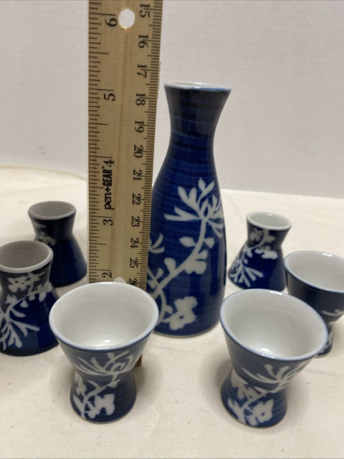Japanese Blue & White Ceramic Saki Pitcher & 6 Saki Cups Set