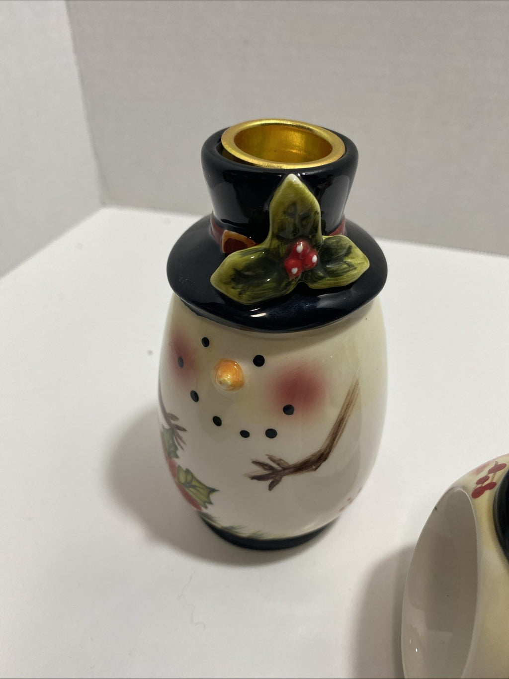 Lot Of 2 Poinsettia Snowman Napkin Ring Holders And 2 Candle Holders