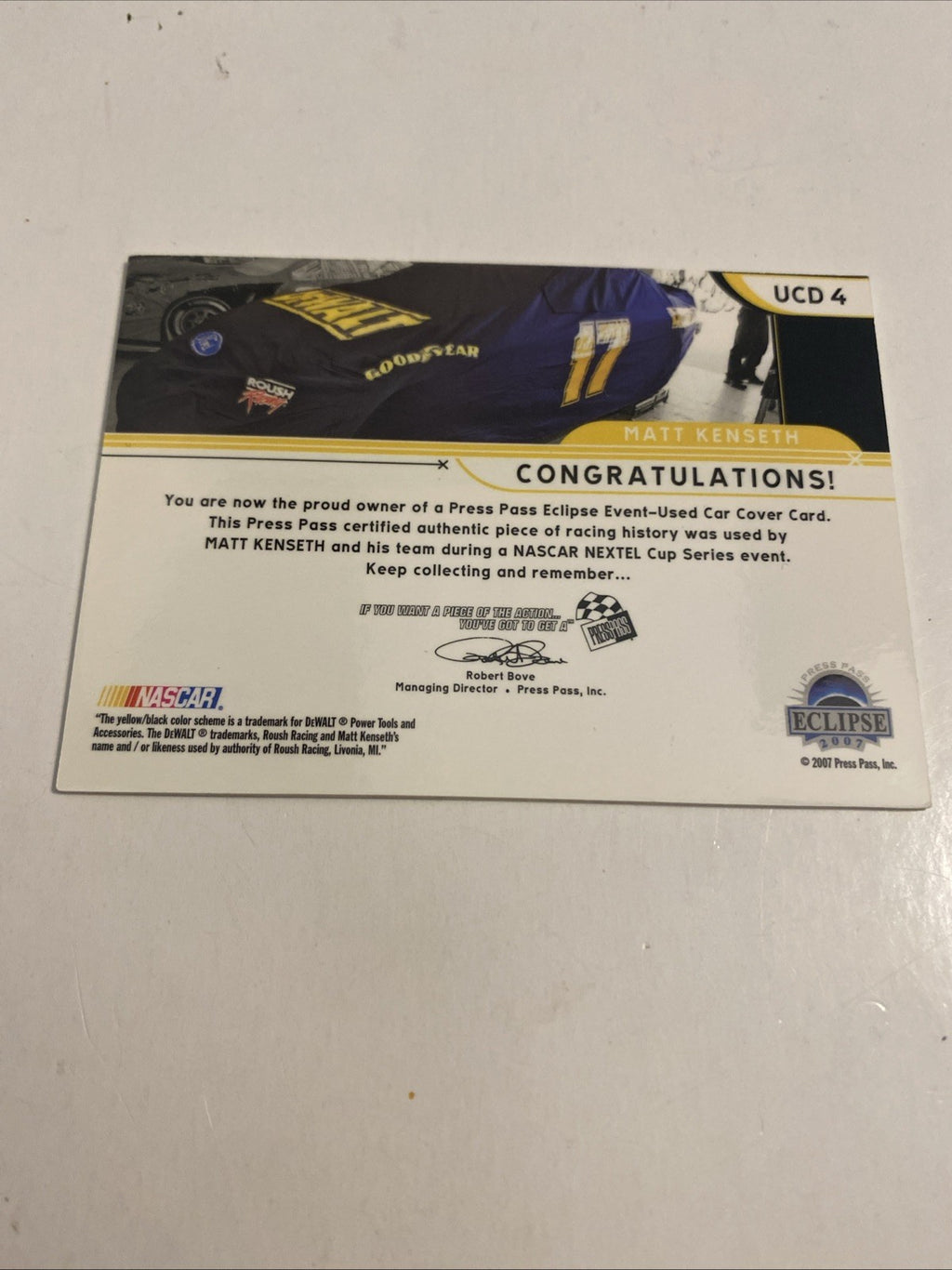 Matt Kenseth Event Used Car Cover /450 Press Pass Driver Series