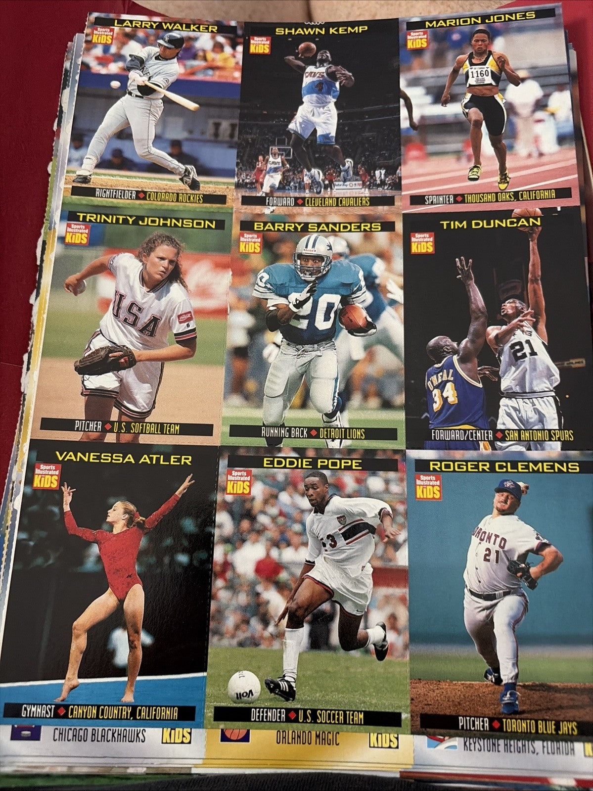 Sports Illustrated Kids 1998 03 March Uncut Card Sheet Tim Duncan Shawn Kemp