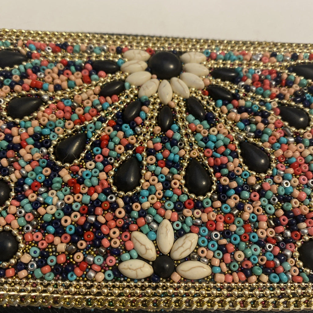 Beaded wallet Black leather with pink, teal peach, dark blue beads, golden trim