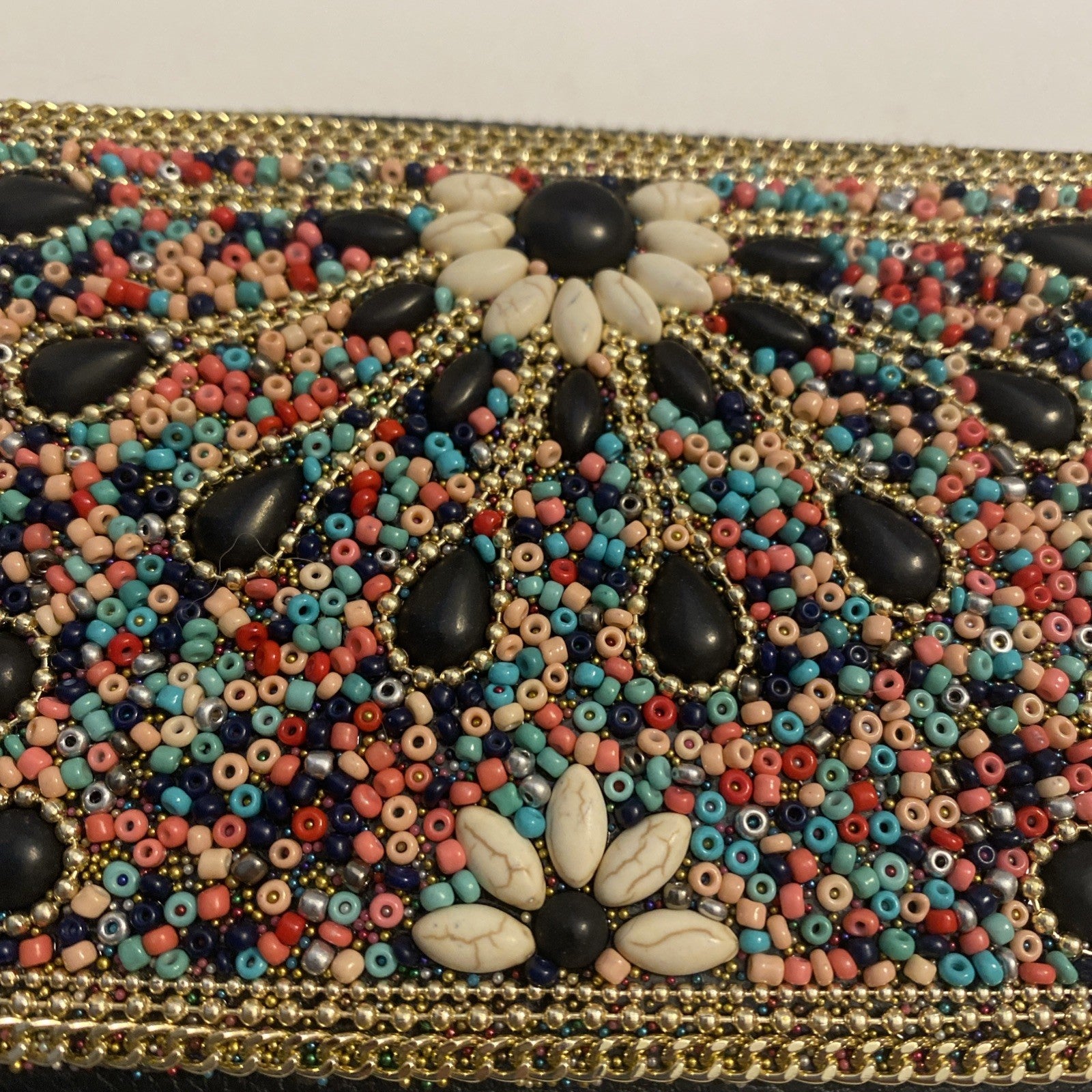 Beaded wallet Black leather with pink, teal peach, dark blue beads, golden trim
