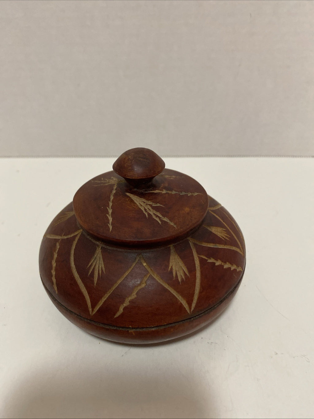 Vintage Hand Carved Wooden Trinket Box With Lid Swirl Design Small 5” Approx