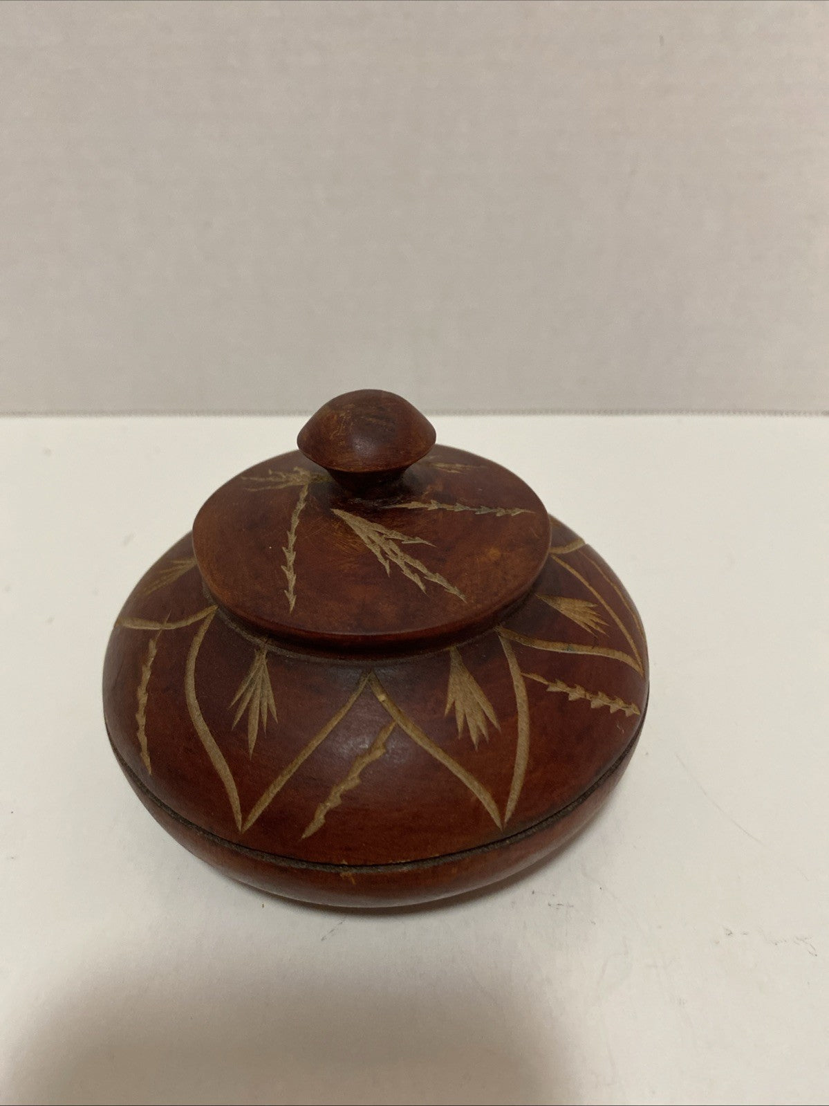 Vintage Hand Carved Wooden Trinket Box With Lid Swirl Design Small 5” Approx