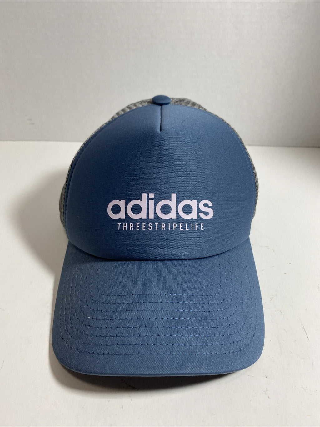 Adidas Three Stripe Life Climalite Slate Blue Gray Mesh Snapback Trucker Hat