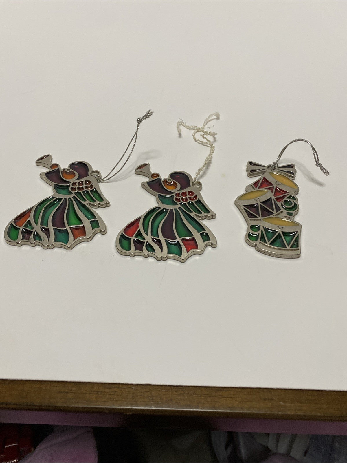 3 Vintage Russ Berrie Stained Glass Style Holiday Christmas Ornaments Angel Drum