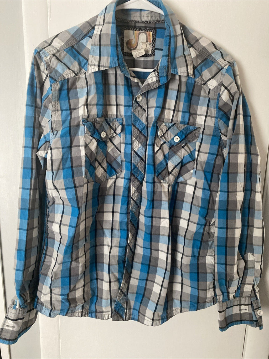 OP Mens Medium M Shirt Long Sleeve Button Front Gray Blue Black Plaid