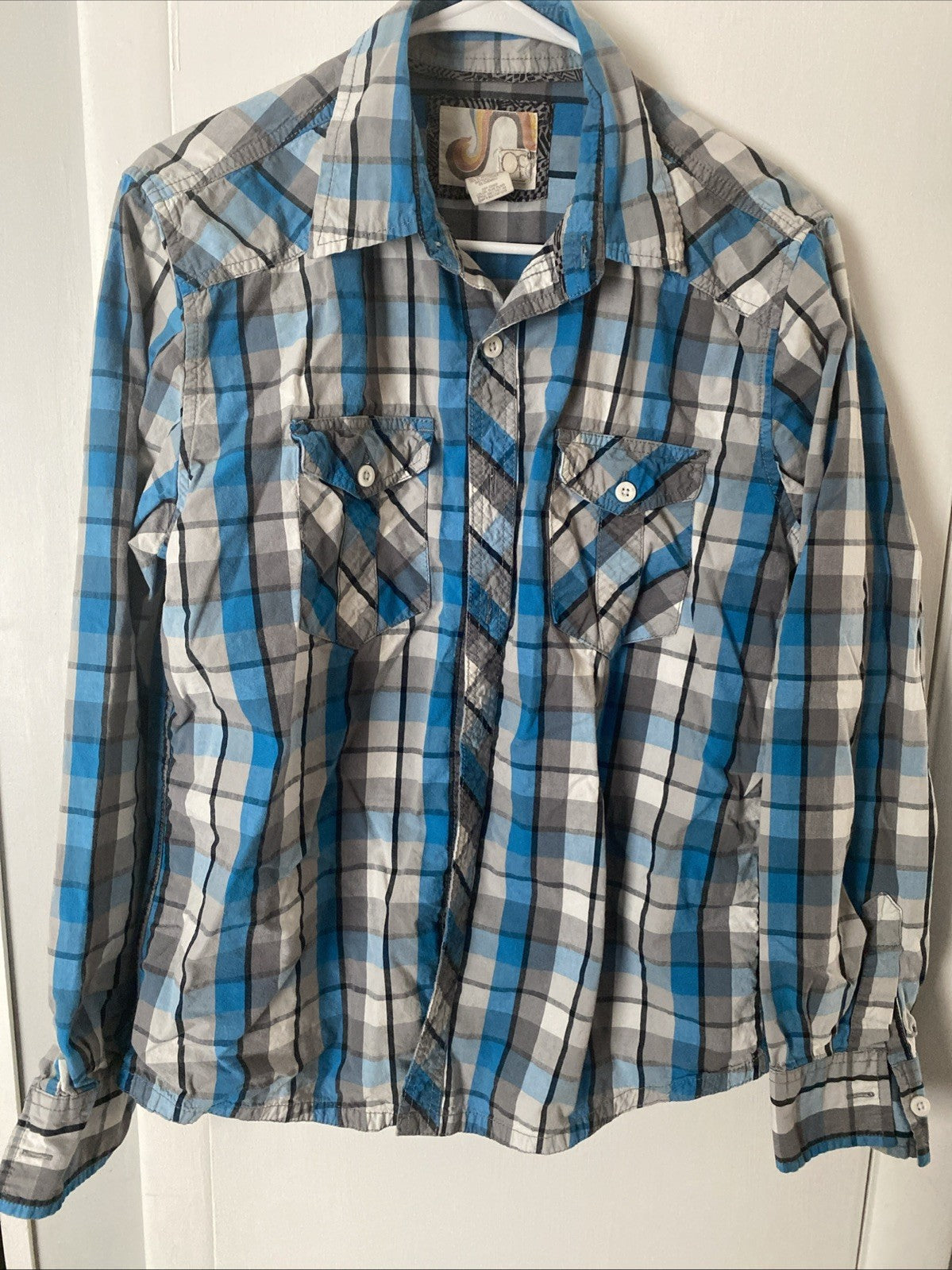 OP Mens Medium M Shirt Long Sleeve Button Front Gray Blue Black Plaid