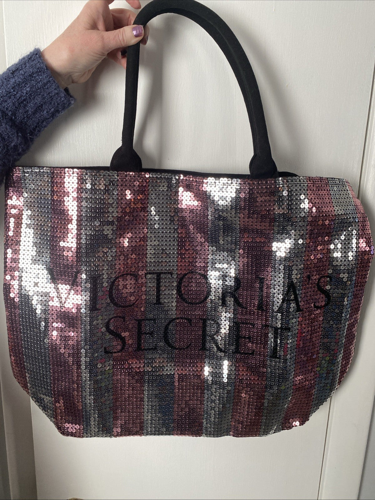 VICTORIAS SECRET PINK LG pink silver glittery tote bag double handles w/logo
