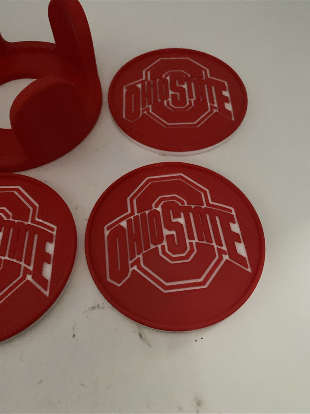 Custom 3-D printed Ohio State university coaster set five coasters and holder
