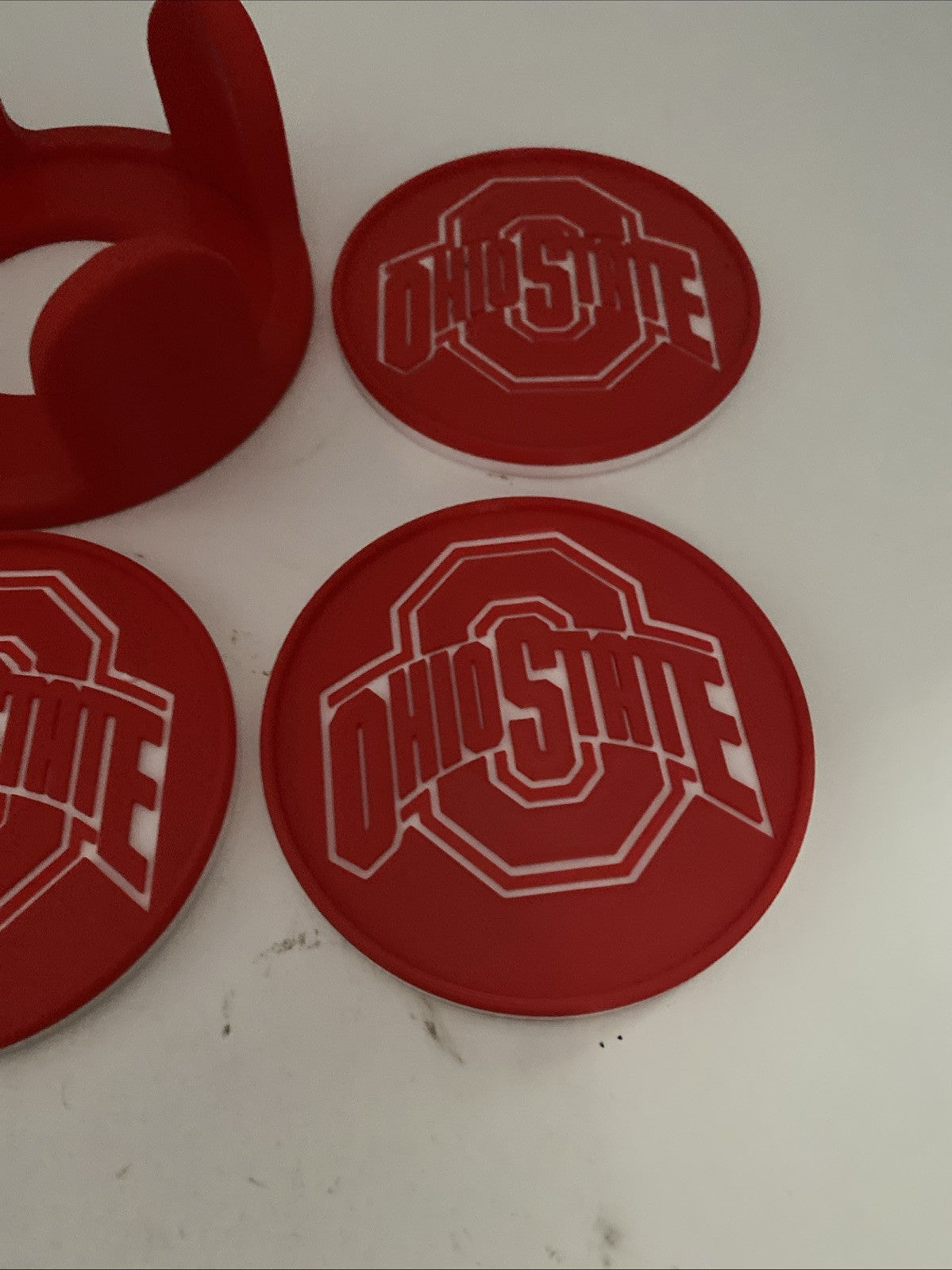 Custom 3-D printed Ohio State university coaster set five coasters and holder