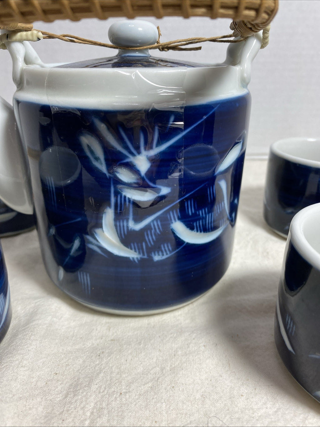 Vintage MCI Japan Blue Ceramic Teapot and Cup Set with White Etched Deer Design