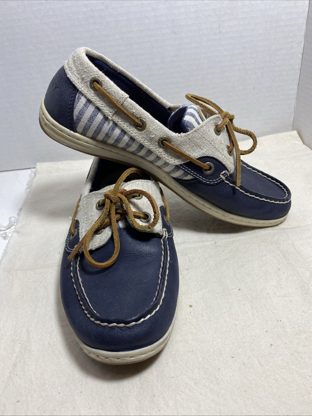 Sperry Koifish Blue Leather Boat Shoes Navy Stripe Canvas  Womens 7.5M