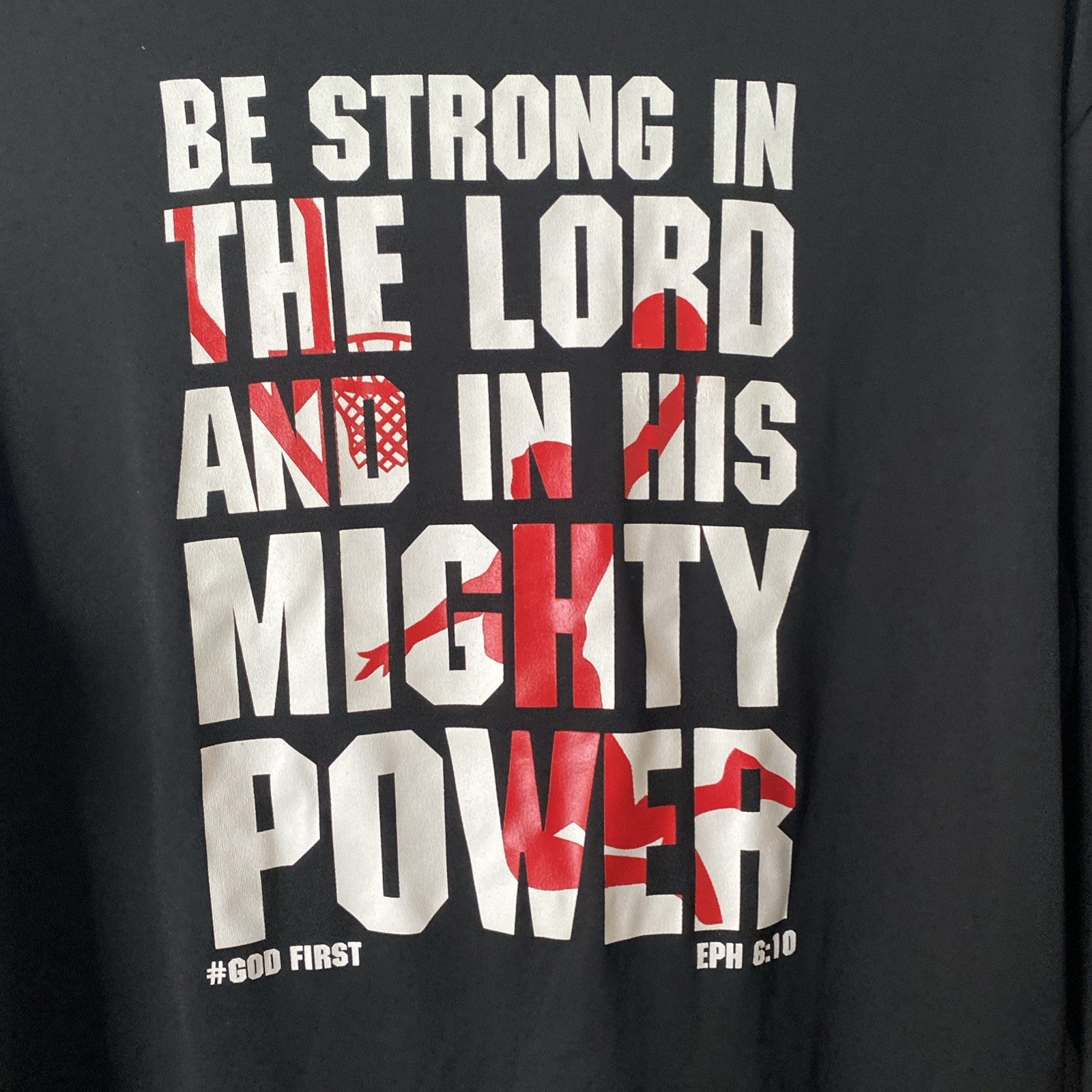 God strong long sleeve black sweat wicking Philippians 4:13 size small AAU baske