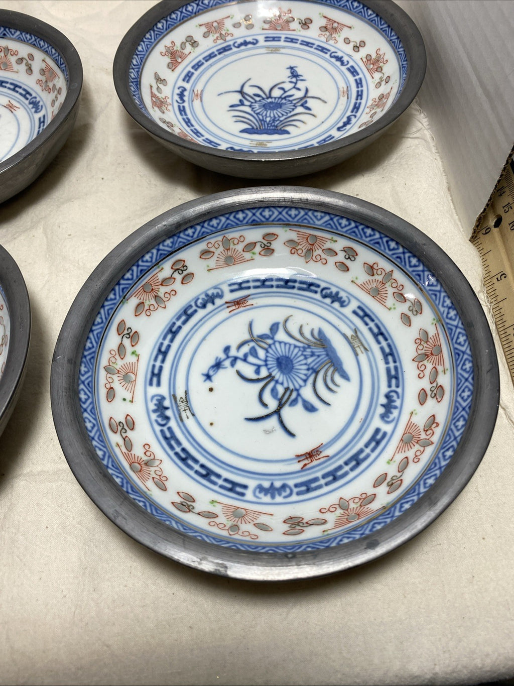 Rice Eye Blue Lotus Flower China Blue & White Shallow Sauce Dish, In Pewter Bowl