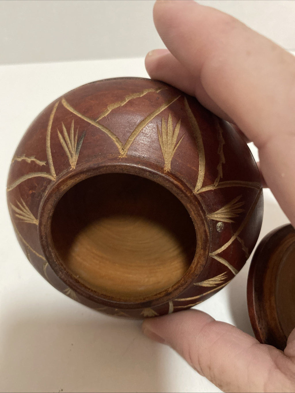 Vintage Hand Carved Wooden Trinket Box With Lid Swirl Design Small 5” Approx