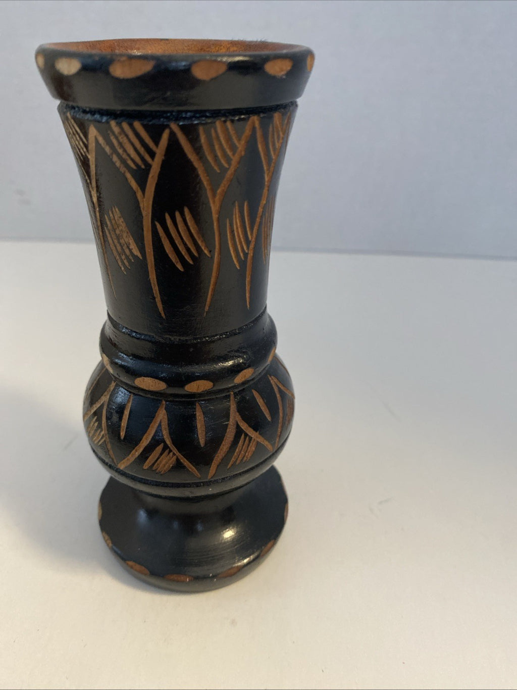 Small Black Haiti Wood Vase with Artisan Hand Carvings around 5” tall
