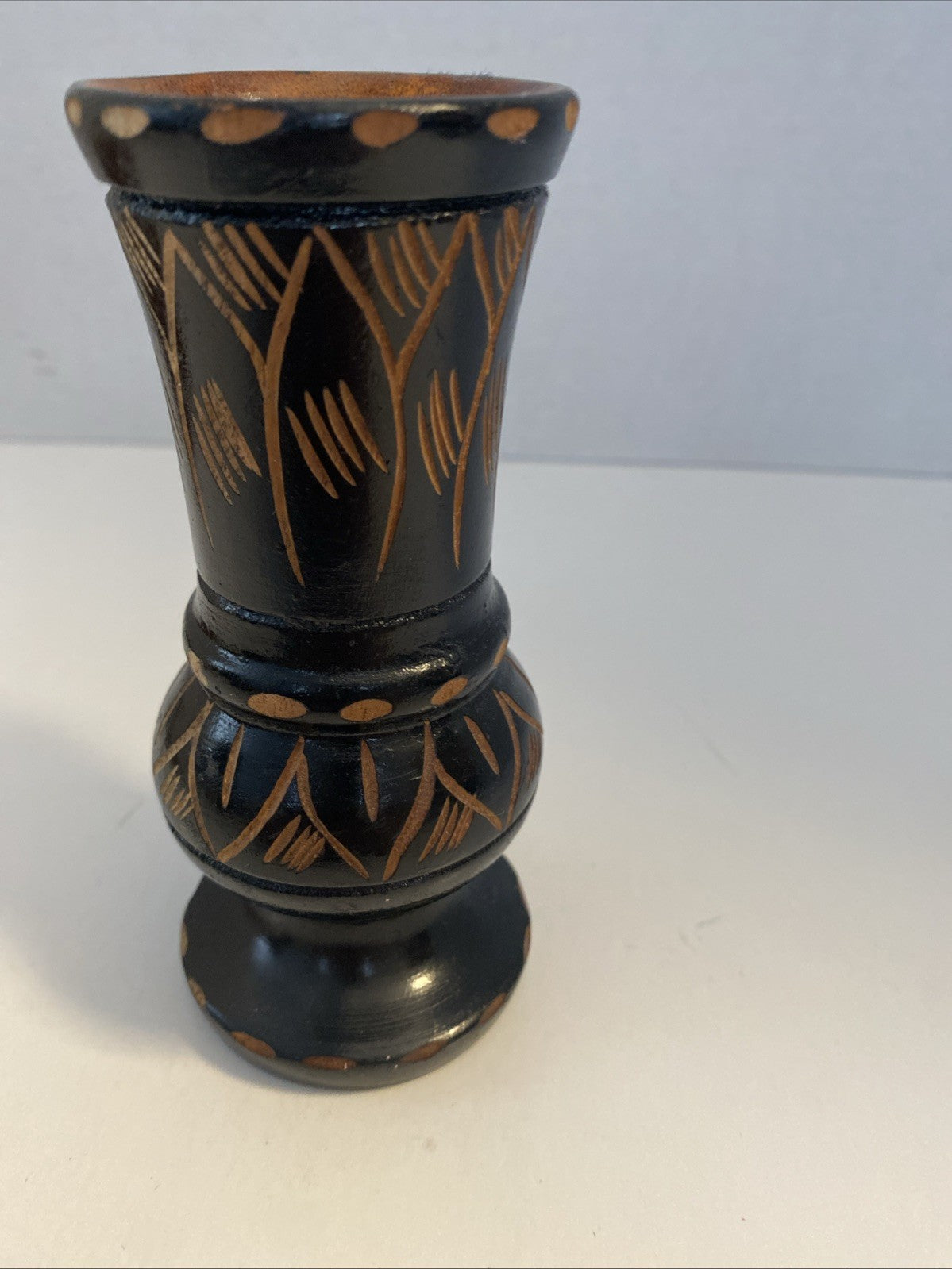 Small Black Haiti Wood Vase with Artisan Hand Carvings around 5” tall