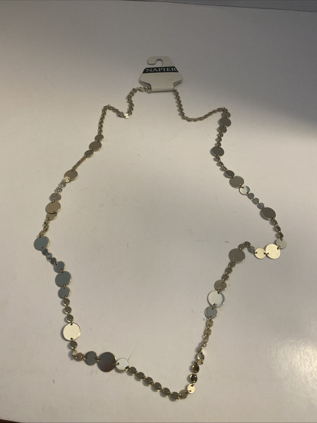 Gold Tone Statement Charm Necklace- Long 38”W/ White Faceted Acrylic Pendants.