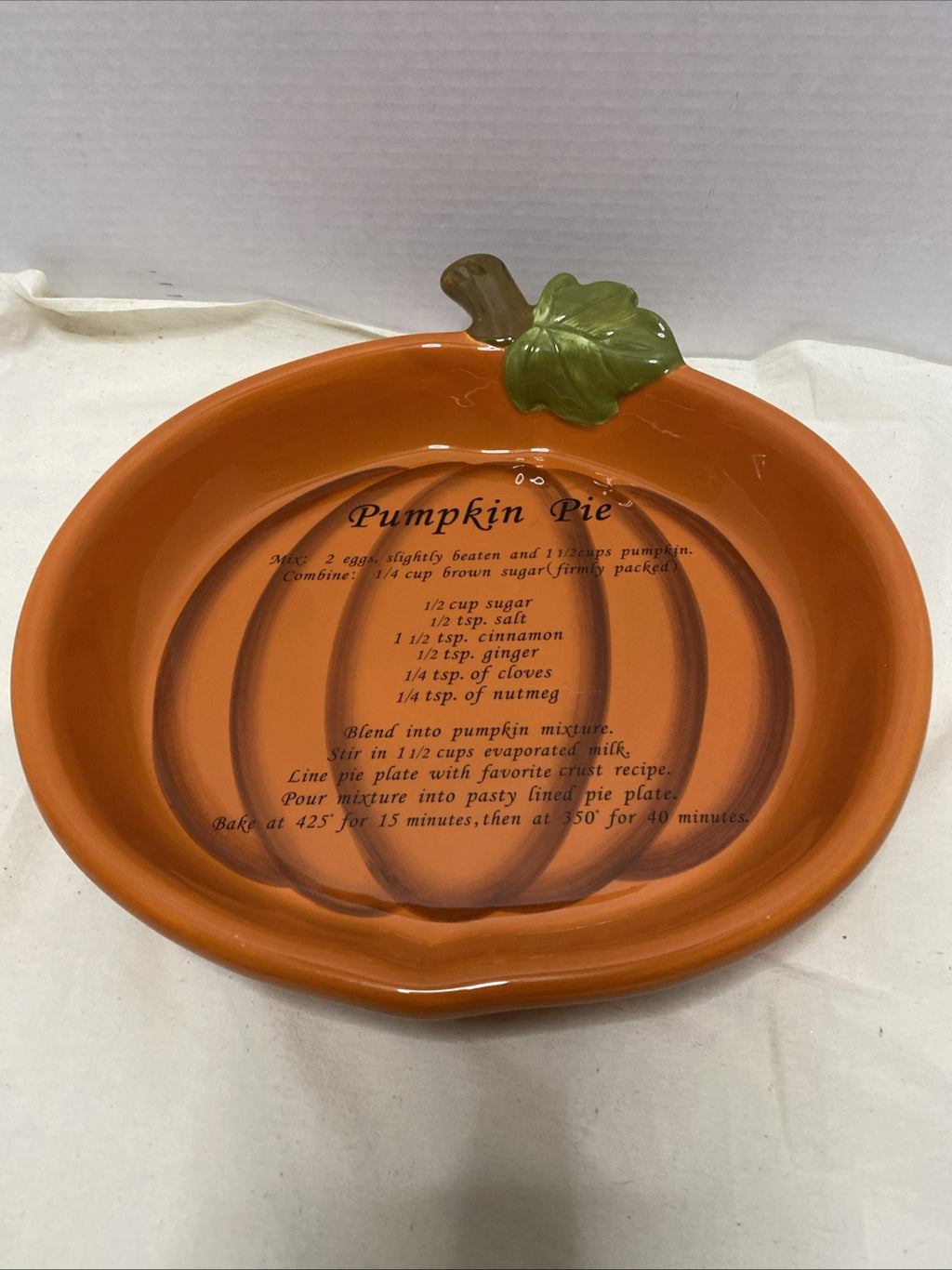 Ceramic Pumpkin Pie Plate With Recipe Printed On Base