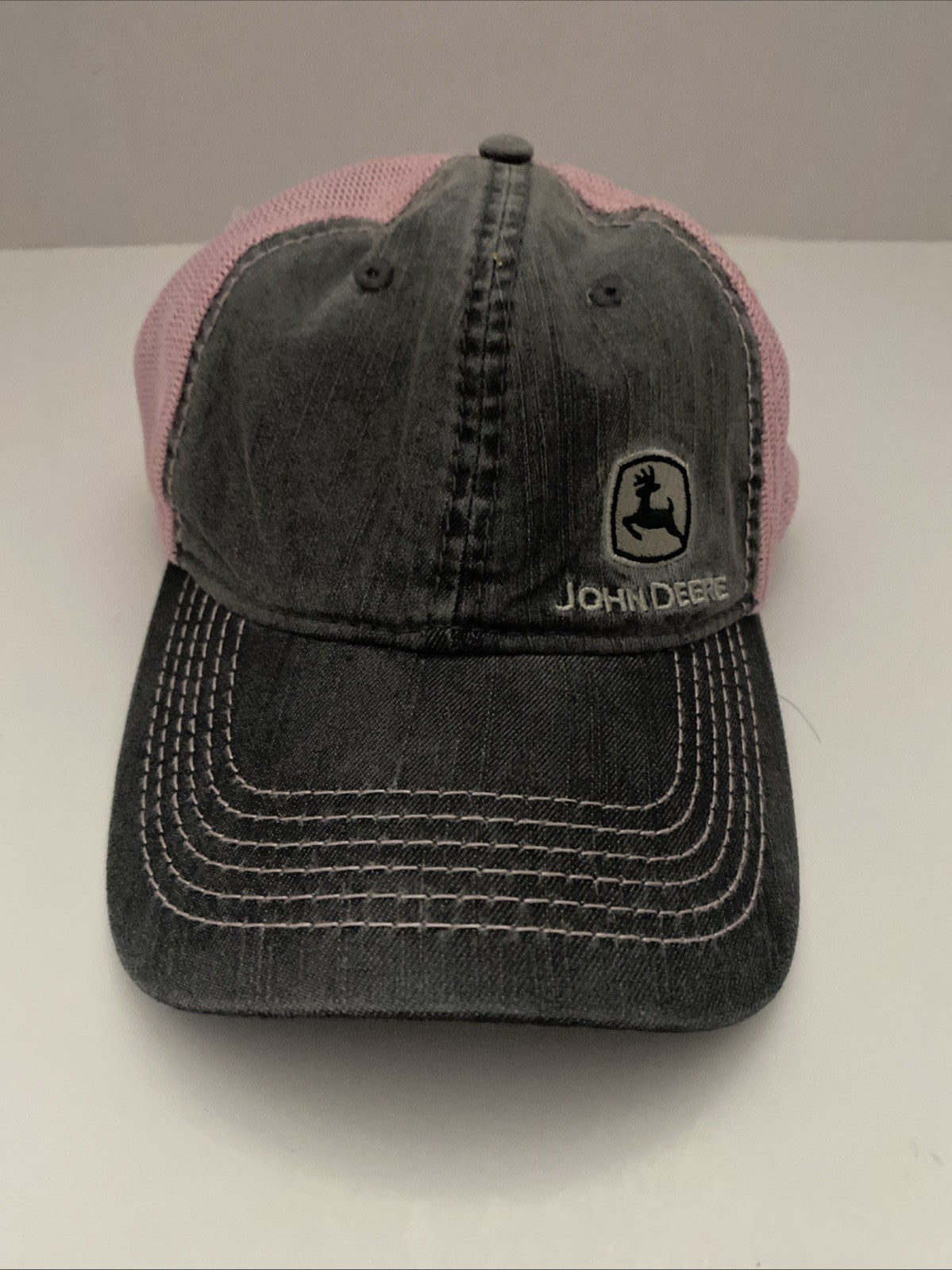 John Deere Trucker Gray Pink Distressed Baseball Cap Hat