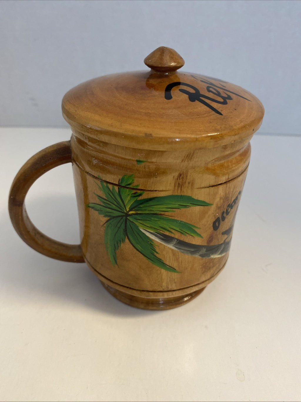 Republic of Haiti Handcrafted Turned Hand Painted Wood Tourist Cup Mug with Lid 