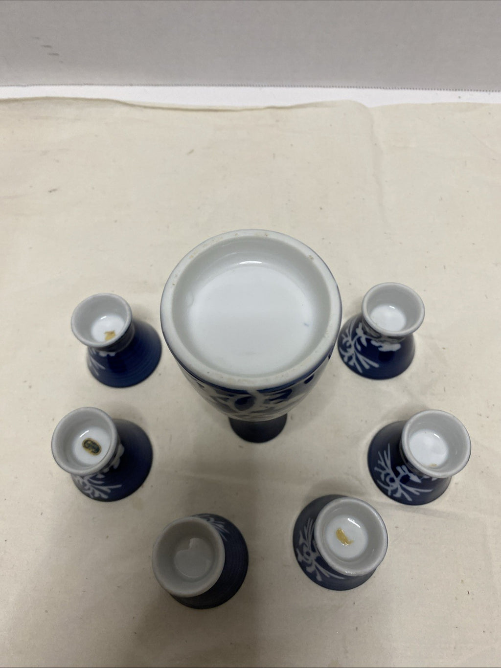 Japanese Blue & White Ceramic Saki Pitcher & 6 Saki Cups Set