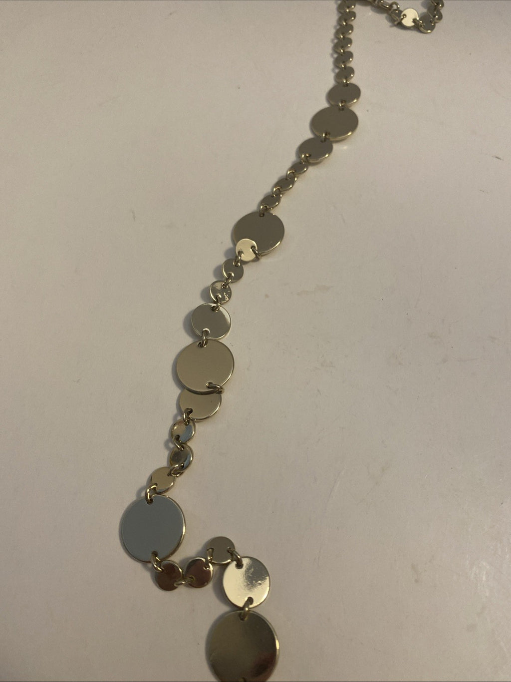 Gold Tone Statement Charm Necklace- Long 38”W/ White Faceted Acrylic Pendants.
