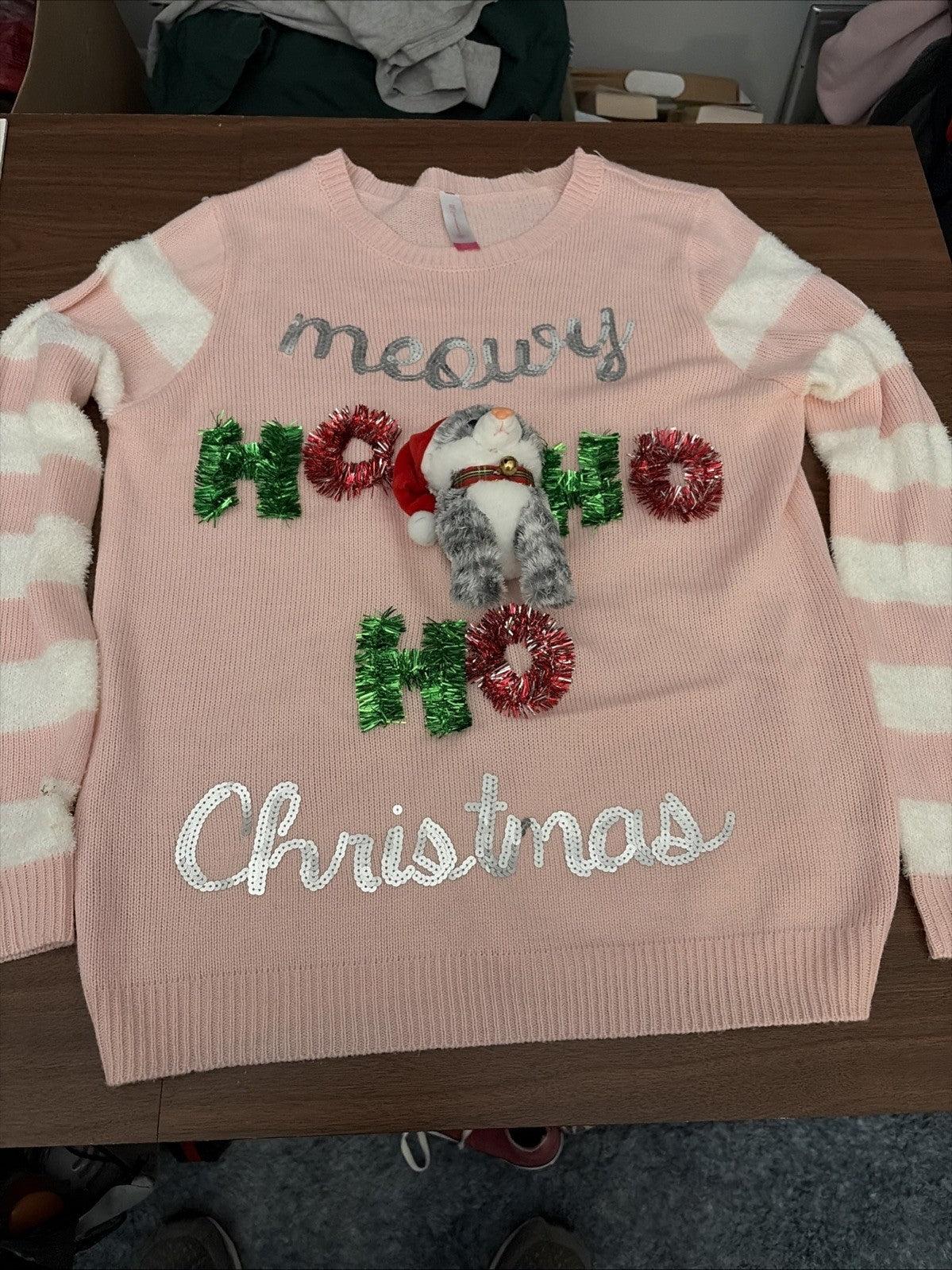 NOBO Ugly Christmas Sweater Pink Plush Cat Ho Ho Ho XL (15-17) NWT Meowy Christm